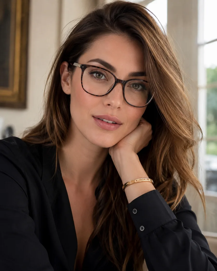 Mulher sorrindo usando óculos de grau feminino com iluminação profissional